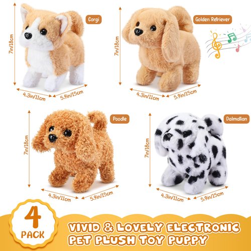 Halloscume 4 Pcs Puppy Stuffed Animal Interactive Electronic Plush Dog Animals Walking Barking and Wagging Tail Toys for Christmas Classroom Kids Birthday Gifts 7"