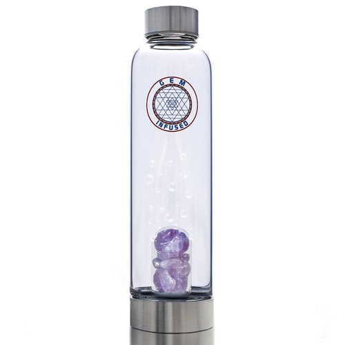 TonicCure Gem Infused Crystal Water Bottle Elixir with Authentic Healing Wellness Brazilian Stones Amethyst Neoprene Sleeve, for Love Peace and clarity 16 oz (Amethyst)