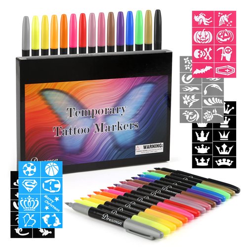 Dreamon Temporary Tattoo Markers for Skin,Removable Tattoo Pens Multi-coloured Tattoo Kit for Body & Face Art with 5 Tattoo Stencil Papers, 15 Pens-Variety Gifts for Teenage Girls Boys Adults
