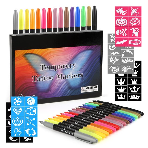 Dreamon Temporary Tattoo Markers for Skin,Removable Tattoo Pens Multi-coloured Tattoo Kit for Body & Face Art with 5 Tattoo Stencil Papers, 15 Pens-Variety Gifts for Teenage Girls Boys Adults