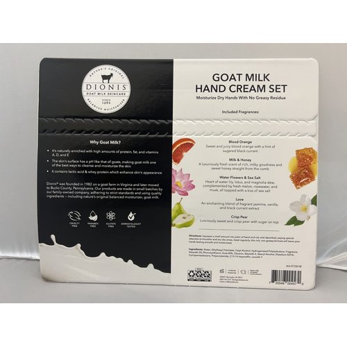 DIONIS Natural Goat Milk Hand Cream, 5-Pack Giftset (Includes Milk and Honey, Lavender Blossom, Blood Orange, Water Flowers and Sea Salt, Vanilla Bean)