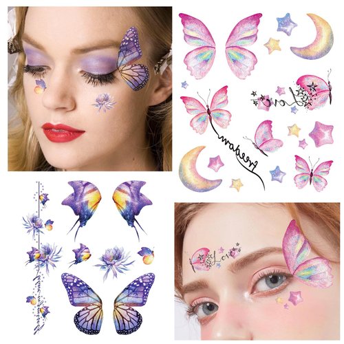 Konsait 12 Sheets Glitter Butterfly Temporary Tattoos for Women Girls Butterfly Face Tattoos for Women Eye Sticker Fairy Makeup Kids Tattoos Temporary For Girls Fairy Princess Party Favors