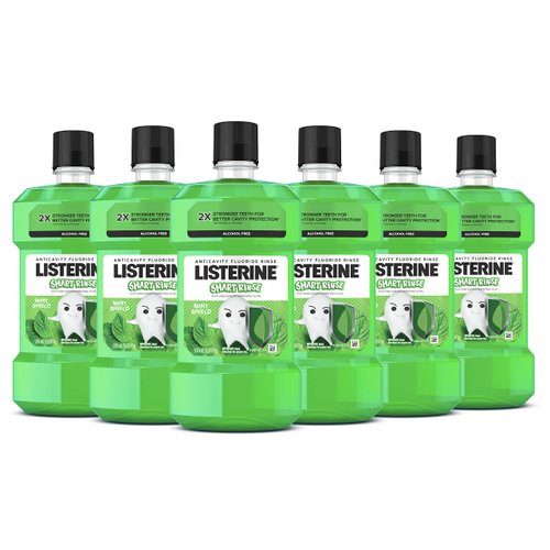 Listerine Smart Rinse Kids Mouthwash, ADA Accepted, Alcohol-Free Anticavity Sodium Fluoride Mouthwash, Oral Rinse for Dental Cavity Protection, Mint Shield Flavor for Children's Oral Care, 500 mL