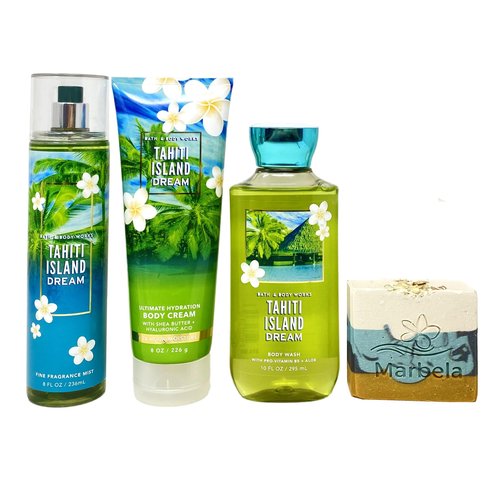 Bath & Body Works Tahiti Island Dream 3 Piece Gift Set with a Sea Breeze Bar Soap - Fragrance Mist - Body Wash and Body Cream - Full Size