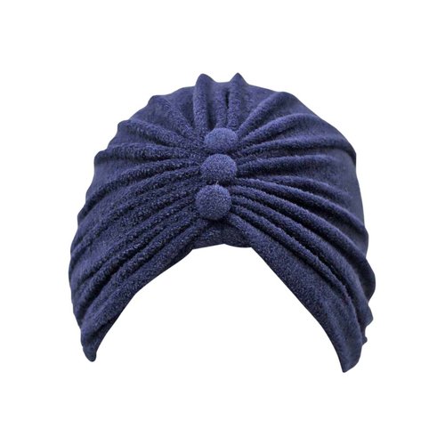 Navy Blue Terry Cloth Turban Head Wrap with Button Detail
