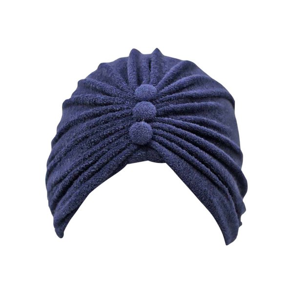 Navy Blue Terry Cloth Turban Head Wrap with Button Detail