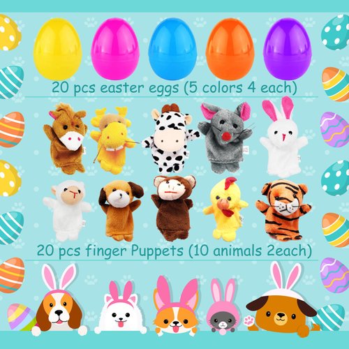 LUKBERA 20 Pcs Easter Eggs Filled with Finger Puppets, Plastic Egg with Cartoon Animal Puppets for Kids Easter Egg Hunt Easter Basket Stuffers Fillers Easter Party Favor Classroom Prize