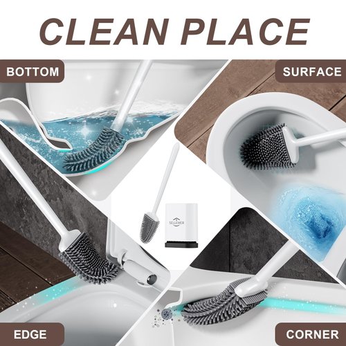 Sellemer Toilet Brush and Holder Set for Bathroom, Flexible Toilet Bowl Brush Head with Silicone Bristles, Compact Size for Storage and Organization, Ventilation Slots Base (1 Pack, White)