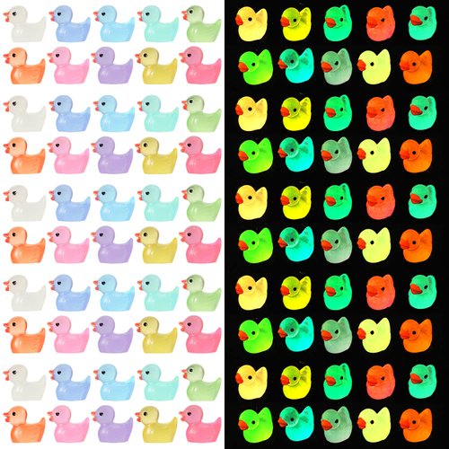TOYMIS 100 Pack Mini Luminous Resin Ducks for Crafts, Colorful Tiny Ducks Glow in The Dark Miniature Figures for Aquarium Garden Landscape Dollhouse Ornament Potted Decorations DIY