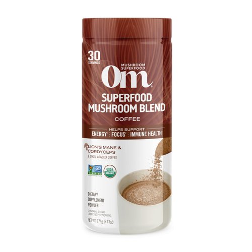 OM Mushroom Superfood Coffee Blend Mushroom Powder, 6.24 Ounce Canister, 30 Servings, Organic Arabica Beans, Lion's Mane, Cordyceps, Turkey Tail, Ginkgo Biloba, Supports Energy and Focus
