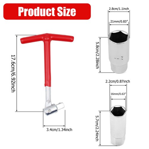 Holoras T-Handle Universal Joint Spark Plug Socket Wrench, 16mm 21mm Socket (Red)