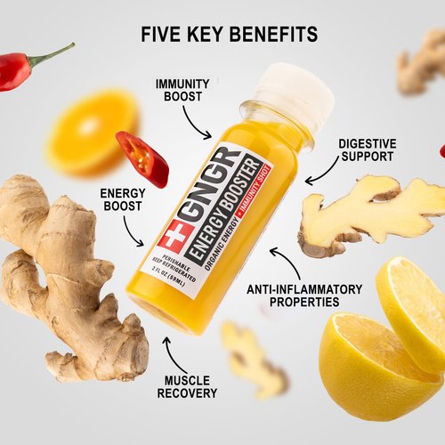 +GNGR Energy Booster & Immunity Shot, Cold-Pressed Ginger Shots with Lions Mane, 75mg of Natural Caffeine Green Tea, Turmeric Root, Vitamin D & Zinc for All Natural Immune Support (2 Oz, Pack of 12)