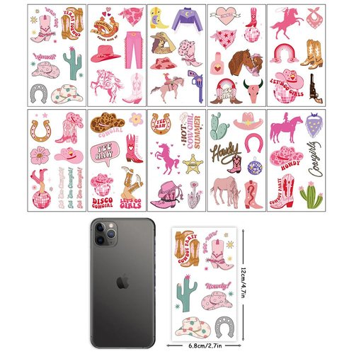 Western Cowgirl Temporary Tattoos,10 Sheets Wild West Pink Disco Cowgirl Cactus Horse Cow Waterproof Fake Tattoo Stickers for Kids Girls Birthday Gifts Party Favor Supplies