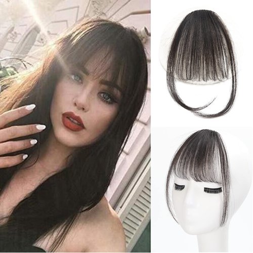 Berracy Bangs Hair Clip in Bangs 100% Real Human Hair Extensions Fake Wispy Bangs Fringe with Temples Curtain Flat Neat Front Air Hairpieces for Women Kids Daily Wear Brown Black