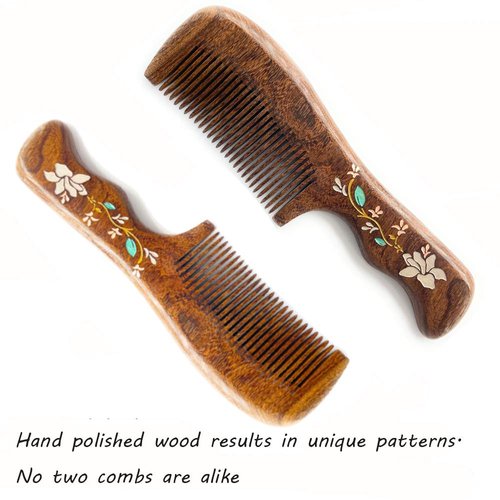 Natural Handmade Sandalwood Hair Comb, Anti-Static Hair Detangler Wooden Combs for Men,Women,Kids Fine Tooth Wood Comb (Flower drawing with free pouch)