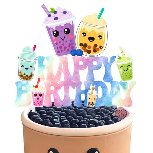 Bubble Birthday Cake Topper Colorful Bubble Tea Happy Birthday Cake Topper Boba Tea Birthday Party Decoration Boba Party Cake Pick for Pearl Milk Tea Theme Birthday Baby Shower Supplies