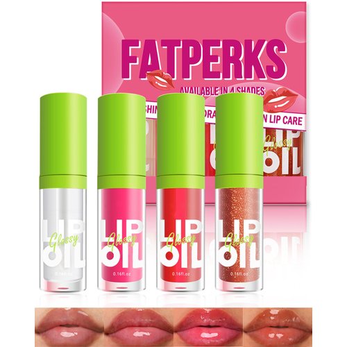 Lip Oil Lip Gloss-4Pcs Hydrating Lip Glow Oil Lipgloss, Tinted Plumping lip Gloss,Clear Pink Red Lip Stain Oil, Glossy Finish Tint Shiny Jelly Lip Glaze,Vegan Glow Reviver Lip Oil for Women-Set C