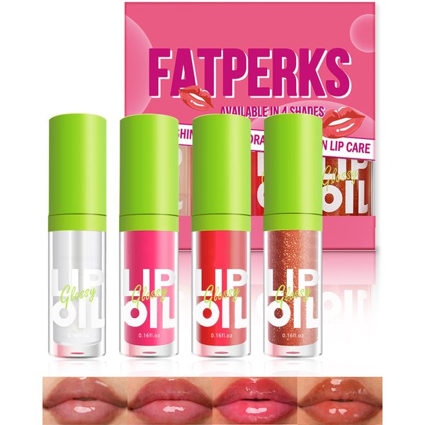 Lip Oil Lip Gloss-4Pcs Hydrating Lip Glow Oil Lipgloss, Tinted Plumping lip Gloss,Clear Pink Red Lip Stain Oil, Glossy Finish Tint Shiny Jelly Lip Glaze,Vegan Glow Reviver Lip Oil for Women-Set C