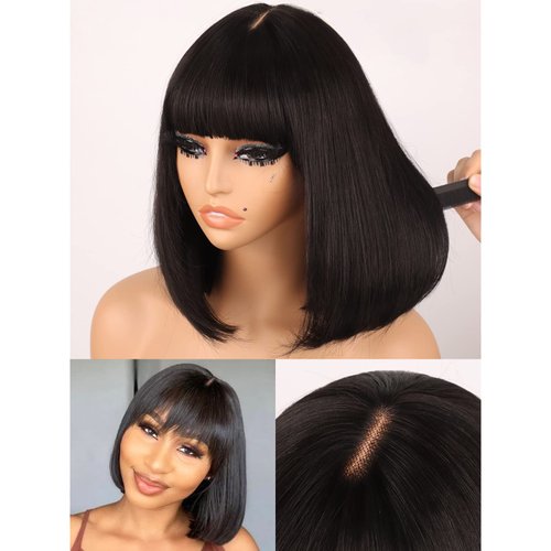 Guree Hair 12 Inch Glueless Wear and Go Wig Bob Lace Wigs for Black Women 100% Virgin Human Hair Wig Bob Wig With Bangs 2x1 HD Lace Wigs 150% Density Straight Bob Wigs for Daily Use (Natural Color)