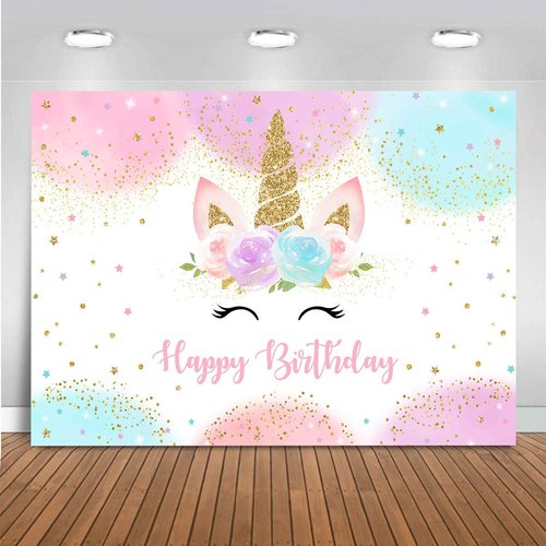 Mocsicka Unicorn Birthday Decorations Unicorn Backdrop for Girls Birthday Party 6x4ft Pastel Rainbow Unicorn Glitter Stars Dots Happy Birthday Banner Photo Booth Props