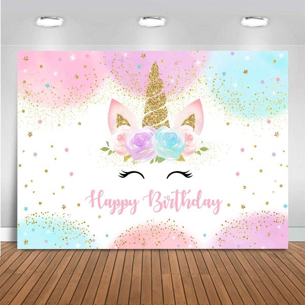 Mocsicka Unicorn Birthday Decorations Unicorn Backdrop for Girls Birthday Party 6x4ft Pastel Rainbow Unicorn Glitter Stars Dots Happy Birthday Banner Photo Booth Props