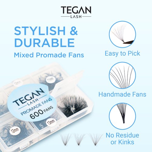 TEGAN LASH Promade Fan Mix Eyelash Extensions, From 3D - 16D, 0.03/0.05/0.07, C/CC/D, 9-15mm, Pre Made Eyelash, Easy Apply Premade False Eyelashes, Pestañas Abanicos Extensiones (14D, 0,03, C, Mix)