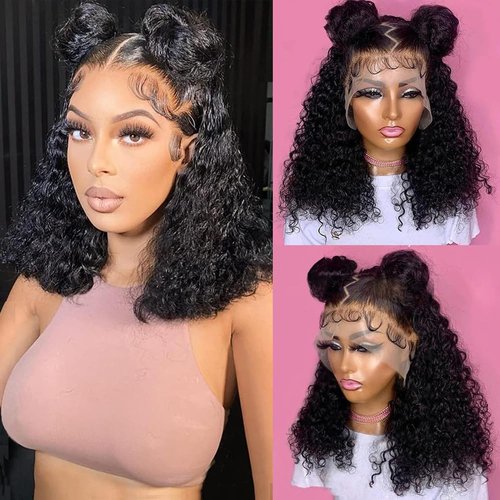 Bob Wig Human Hair 13x6 Deep Wave Lace Front Wigs Human Hair HD Transparent Lace Frontal Wigs Human Hair Wigs for Women Deep Curly Glueless Wigs Pre Plucked with Baby Hair Natural Color 14 Inch
