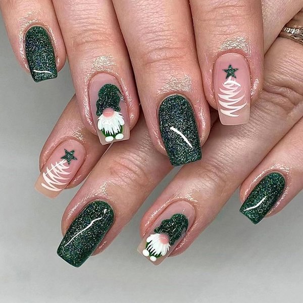 Christmas Press on Nails Green Glitter Gnome Glue on Nails Medium Square False Nails Glossy Winter Xmas Acrylic Nails for Women Girls