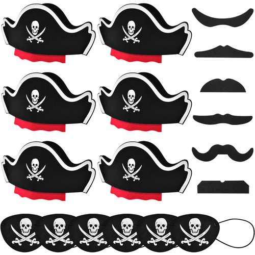 Halatool Pirate Costume Accessories Set: 6 Hats, 6 Fake Mustaches, 6 Eye Patches & Masks - Party Favors for Kids Halloween Masquerade Cosplay