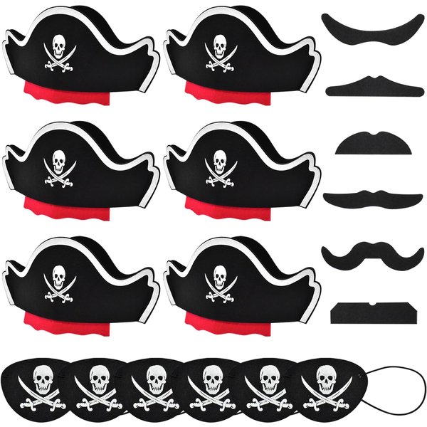 Halatool Pirate Costume Accessories Set: 6 Hats, 6 Fake Mustaches, 6 Eye Patches & Masks - Party Favors for Kids Halloween Masquerade Cosplay