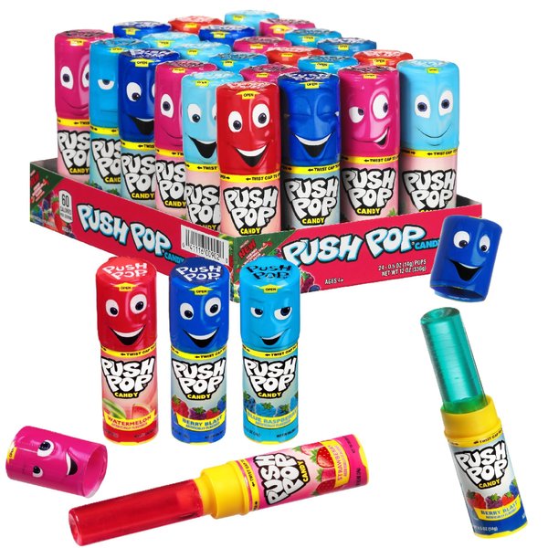 Push Pop Candy Lollipops - Individually Wrapped Variety Candy Party Pack - 24 Count Lollipops in Assorted Fruity Flavors - Fun Candy for Gifts, Celebrations, Party Favors, Gift Baskets, & Birthdays