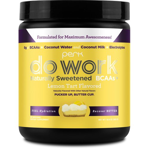 Perk Do Work BCAAs + Hydration Electrolytes Powder (Naturally Sweetened Lemon Tart Flavored, 20 Servings) - with Coconut Water & Coconut Milk