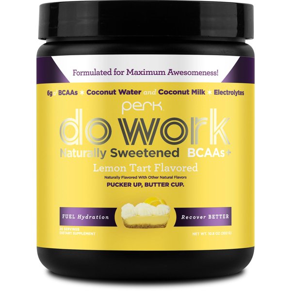 Perk Do Work BCAAs + Hydration Electrolytes Powder (Naturally Sweetened Lemon Tart Flavored, 20 Servings) - with Coconut Water & Coconut Milk