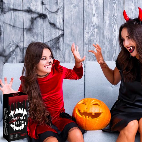 Vampire Teeth Halloween Decorations - Fake Teeth Halloween Decor, Vampire Fangs for Cosplay Accessories as Halloween Props, Halloween Accessories incl Vampire Teeth & Blood Gel (1OZ) & Adhesives Beads