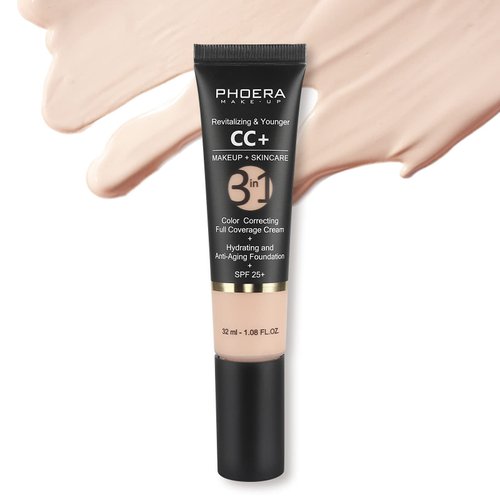 Phoera Anti Aging CC Cream,Full Coverage Foundation Makeup & Color Corrector,Poreless-Finish Primer and Moisturizing Cream (Upgrade#100 Porcelain)