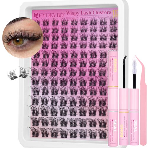 EYDEVRO Natural Lash Clusters Kit Wispy Cluster Eyelash Extension Kit Lash Extension Kit 8-16mm Eyelash Clusters Kit Individual Lashes Kit Cluster Lashes with Waterproof Lash Bond and Seal