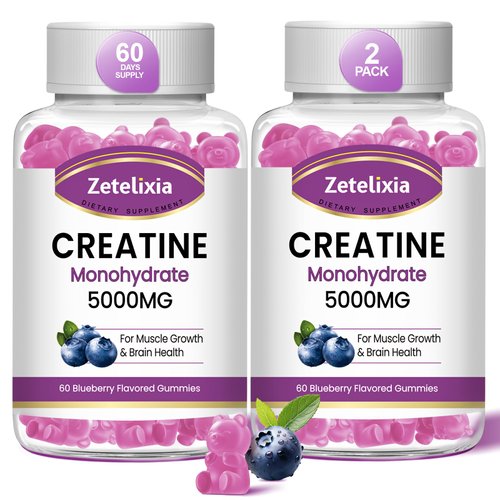 Zetelixia 2 Pack Creatine Monohydrate Gummies 5g for Men & Women, Chewables Creatine Monohydrate for Muscle Strength & Muscle Builder, Vitamin B12 for Energy Support, Blueberry Flavor, 120 Count