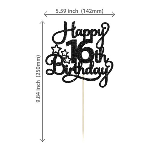 1 Pack Happy 16th Birthday Cake Topper Glitter Sweet 16 Cake Pick Birthday 16th Birthday Cake Decorations for Children 16th Birthday Theme Party Supplies Black