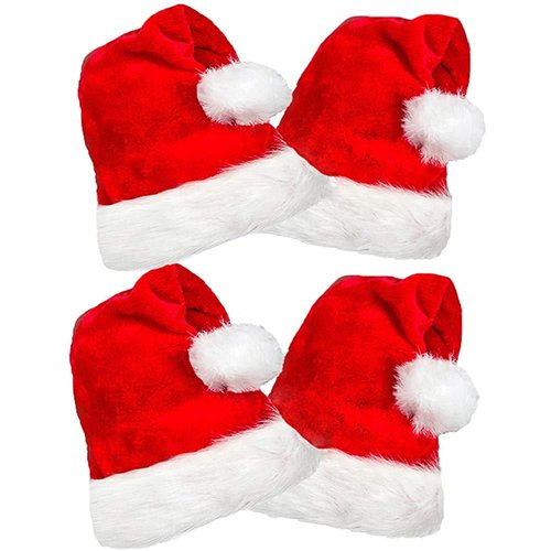 COOLJOY 4 Pack Plush Santa Hats, Christmas Santa Hats for Christmas Party, Adult size Xmas Holiday Hat for Unisex Kids Party Supplies
