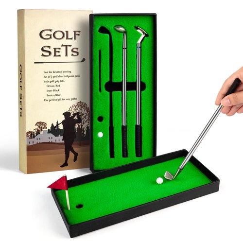 Juboury Golf Pen Set, Mini Desktop Golf Ball Pen Gift Set with Putting Green, Flag,3 Golf Clubs Pens & 2 Balls, from Daughter Son Wife