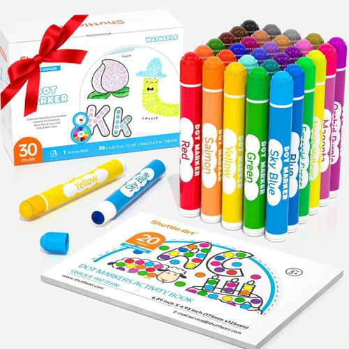 Shuttle Art Dot Markers, 30 Colors Washable for Toddlers with Free Activity Book, Bingo Daubers Supplies for Kids Preschool Children, Non Toxic Water-Based Dot Art Markers