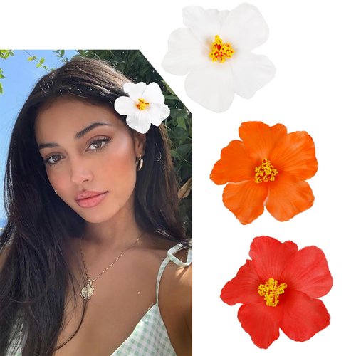 TEBIEKOY 3Pcs Hawaiian Flower Hair Clips for Women Plumeria Hibiscus Hair Clip 3.5 Inch Artificial Flower Clips for Vacation Party Beach Accessories