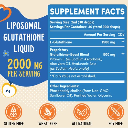 Prunucis 2000MG Liposomal Glutathione Liquid, 98% Absorption, Glutathione Liquid Supplement, Active Form L- Glutathione, Powerful Antioxidant Complex for Immune System, Aging Defense, Detox, 2 FL.OZ