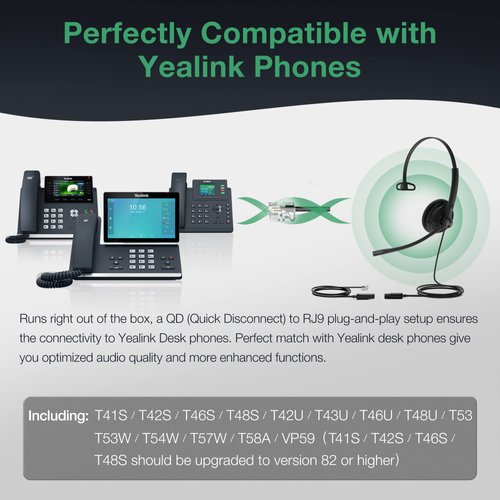 Yealink Phone Headsets for Office Phones YHS34 Lite QD to RJ9 Wired Headset Compatible with Poly Snom Grandstream Phones Desk Landline Headset with Microphone -Mono/72g/2.1m Cable