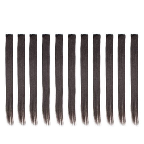 Beaute Galleria Bundle 11 Pieces Single Color 21 Inches Straight Party Highlights Clip In Synthetic Hair Extensions Cosplay Comic Con Halloween Costume (Dark Brown)