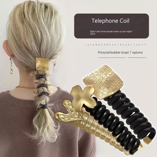 Spiral Rip Telephone Cord Hair Ties, Gold and Black Elastic Coil Phone Cord Ponytail Holders Telephone Wire Rubber Scrunchies Hair Bands(5pcs)
