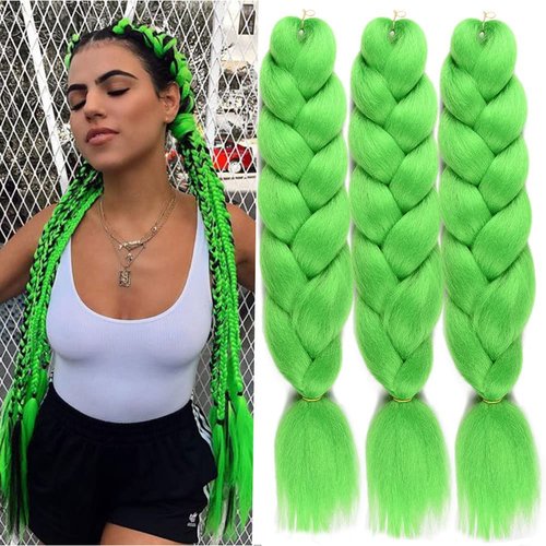 Green Jumbo Braiding Hair 24Inch Synthetic Pre stretched Crochet Braids Hair High Temperature Synthetic Fiber Box Twist Braids Hair Extensions for Woman (24Inch,Lime)