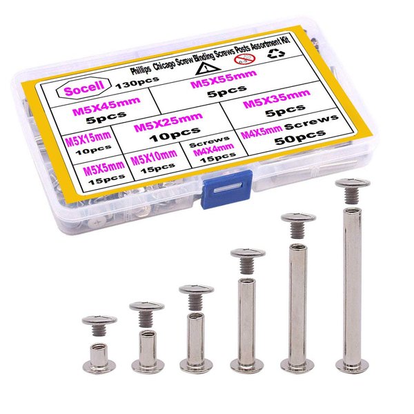 Socell 130pcs Phillips Chicago Screw Binding Screws Posts Assortment Kit for Scrapbook Photo Albums Craft and DIY Leather Decoration Bookbinding(M5 x 5/10/15/25/35/45/55)
