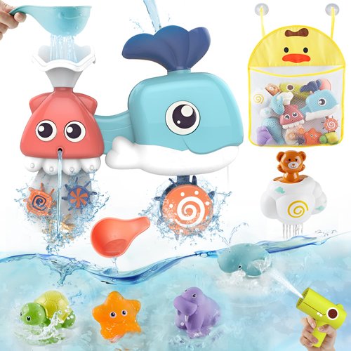 XINSITE Baby Bath Toys for Toddlers 18 Months Old,Baby Bathtub Wall Whale Toy Waterfall Fill Spin and Flow with 4 Rubber Sea Animal,Bear,Dinosaur Water Gun,Birthday Gift for Boys Girls