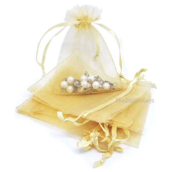 TheDisplayGuys 100-Pack XS 2 x 2 3/4" Gold Sheer Organza Gift Bags with Drawstring, Jewelry Candy Treat Wedding Party Favors Mesh Pouch